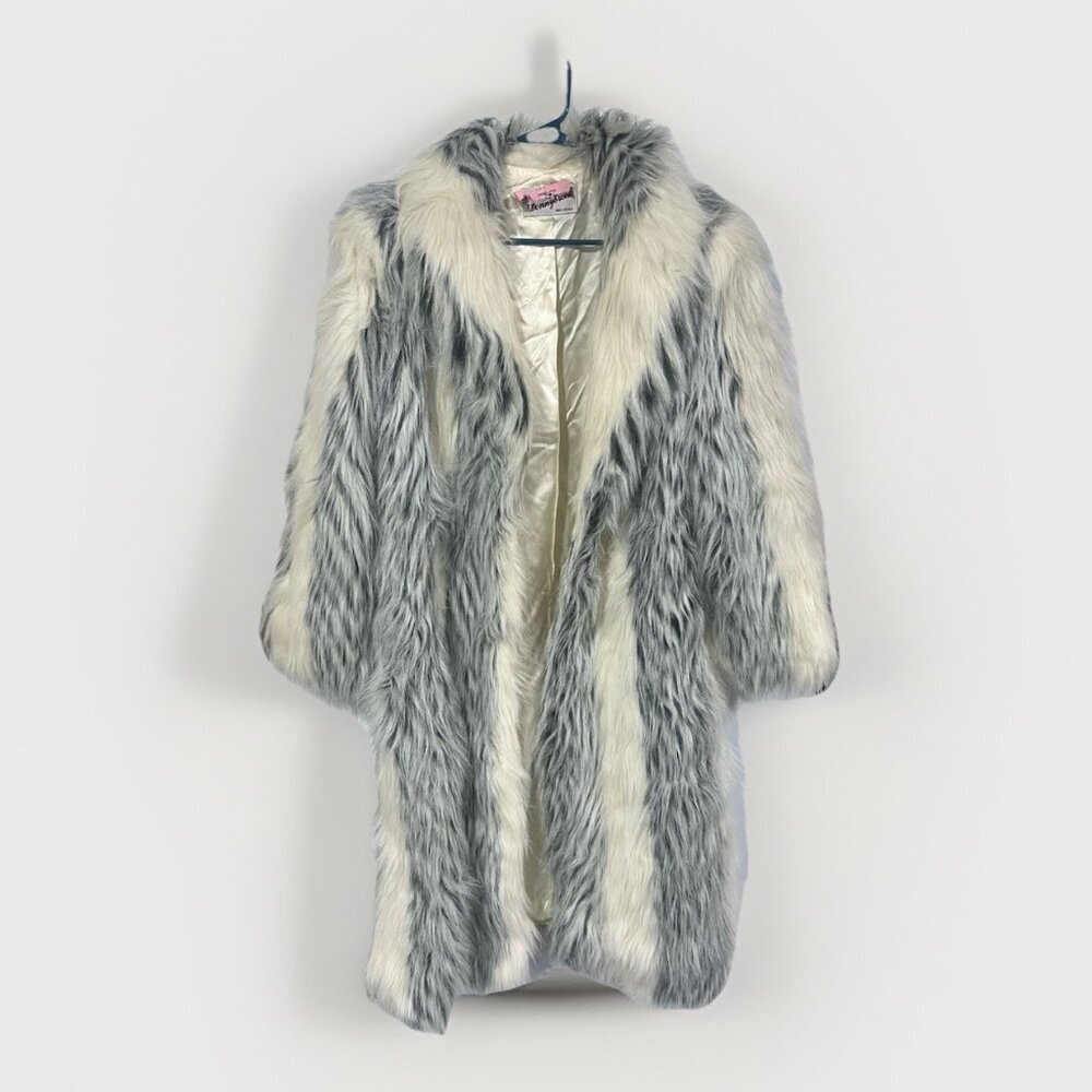 Vintage Donnybrook Faux Fur Long Coat White Gray Striped Plush Elegant Size 12